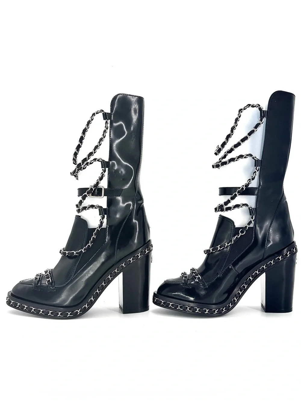 Chanel A/W2013 Karl Lagerfeld Chain Obsession Patent Leather Block Heel Boots 37